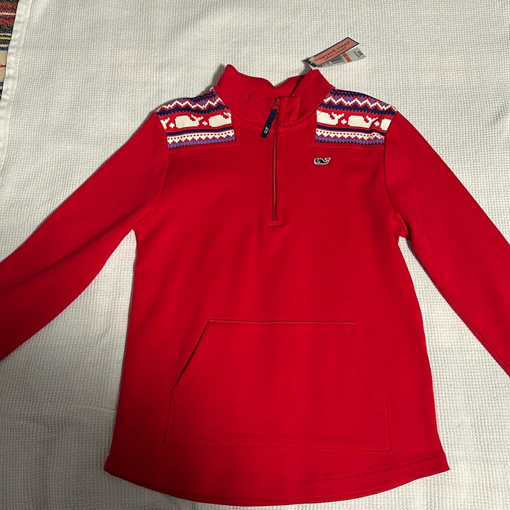 NWT Vineyard Vines Kids Girls 1/4 zip whaleisle red sweatshirt pullover S 7 8